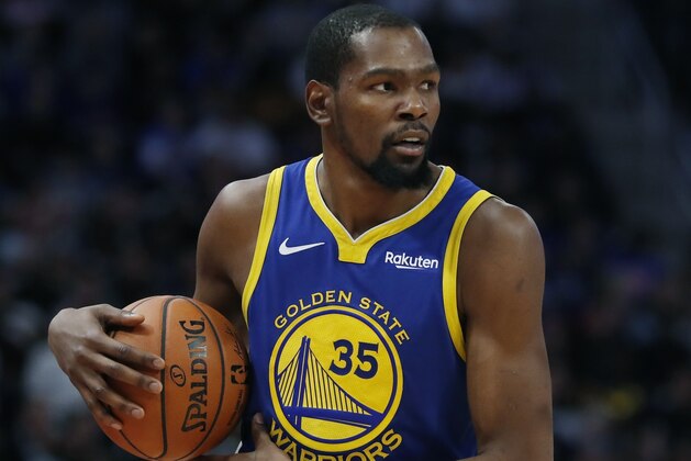Golden State Warriors forward Kevin Durant brings the ball up court during the second half of an NBA basketball game against the Detroit Pistons, Saturday, Dec. 1, 2018, in Detroit. (AP Photo/Carlos Osorio)