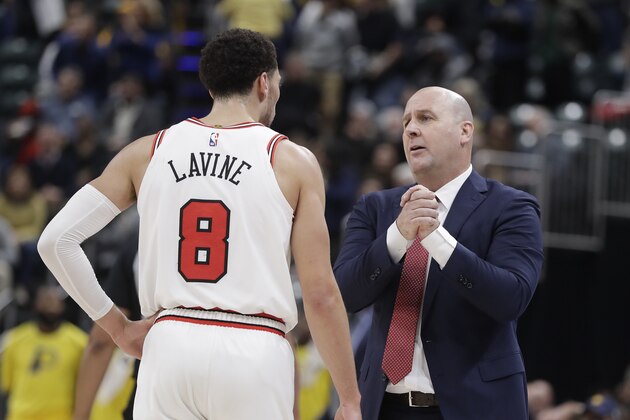 Chicago Bulls head coach Jim Boylen talks with Zach LaVine during the second half of an NBA basketball game against the Indiana Pacers, Tuesday, Dec. 4, 2018, in Indianapolis. Indiana won 96-90. (AP Photo/Darron Cummings)