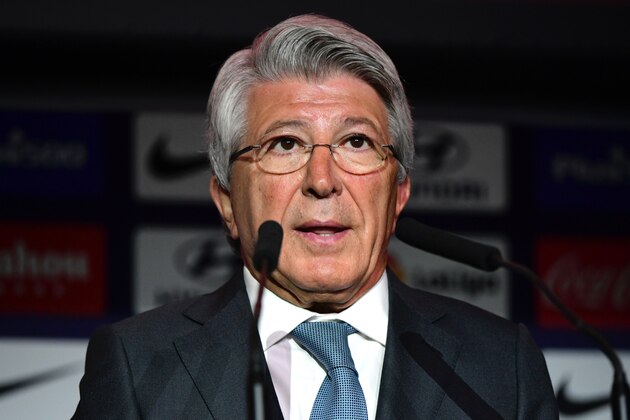 Atletico Madrid president Enrique Cerezo speaks during the official presentation of Atletico Madrid's new French midfielder Thomas Lemar at the Wanda Metropolitano Stadium in Madrid on July 30, 2018. (Photo by JAVIER SORIANO / AFP)        (Photo credit should read JAVIER SORIANO/AFP/Getty Images)