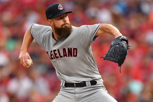 CINCINNATI, OH - AUGUST 14:  Corey Kluber #28 of the Cleveland Indians pitches in the first inning against the Cincinnati Reds at Great American Ball Park on August 14, 2018 in Cincinnati, Ohio.  (Photo by Jamie Sabau/Getty Images)