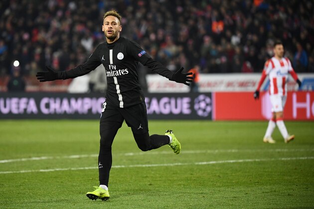 Paris Saint-Germain's Brazilian forward Neymar celebrates after scoring a goal during the European Champions League football match Crvena Zvezda Belgrade vs Paris Saint-Germain (PSG) on December 11, 2018 at Rajko-Mitic stadium in Belgarde. (Photo by FRANCK FIFE / AFP)        (Photo credit should read FRANCK FIFE/AFP/Getty Images)