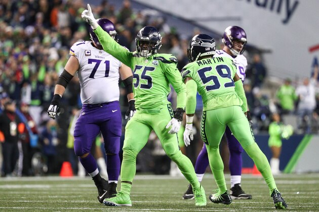 SEATTLE, WA - DECEMBER 10: Frank Clark #55 of the Seattle Seahawks celebrates a second quarter defensive stop against the Minnesota Vikings at CenturyLink Field on December 10, 2018 in Seattle, Washington. (Photo by Abbie Parr/Getty Images)