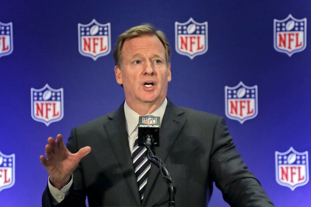 FILE - In this Oct. 18, 2017, file photo, NFL commissioner Roger Goodell speaks during a news conference, in New York. The NFL expects a five-year contract extension with Commissioner Roger Goodell to be finalized soon, despite a threatened lawsuit by Dallas Cowboys owner Jerry Jones. NFL spokesman Joe Lockhart said Thursday, Nov. 9, 2017, that “our expectation is this will be wrapped up soon, but we can't project an actual date.”(AP Photo/Julie Jacobson, File)