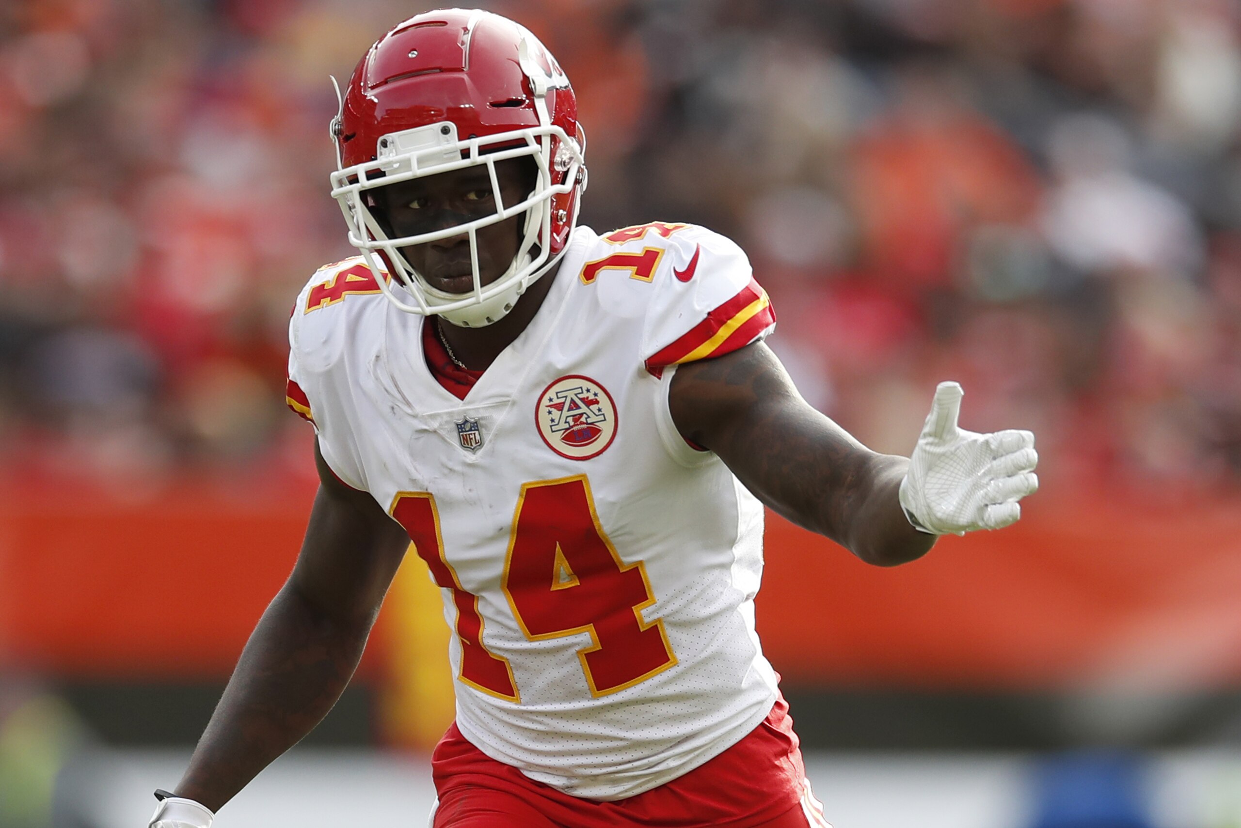 Kansas City Chiefs wide receiver Sammy Watkins (14) lines up against the Cleveland Browns during an NFL football game, Sunday, Nov. 4, 2018, in Cleveland. The Chiefs won 37-21. (Jeff Haynes/AP Images for Panini) Kansas City Chiefs wide receiver Sammy Watkins (14) lines up against the Cleveland Browns during an NFL football game, Sunday, Nov. 4, 2018, in Cleveland. The Chiefs won 37-21. (Jeff Haynes/AP Images for Panini)