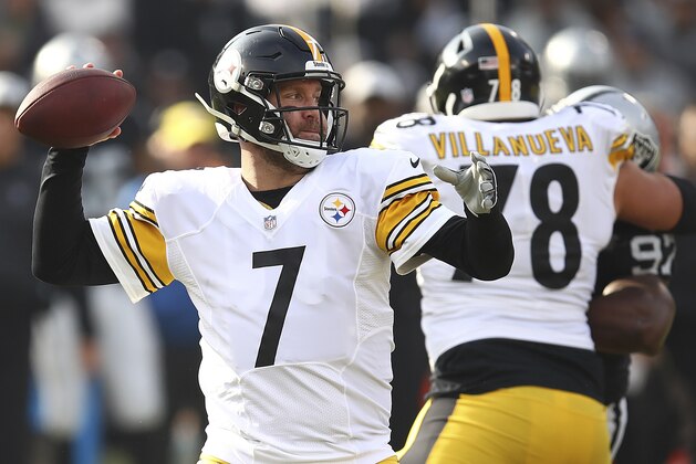Pittsburgh Steelers quarterback Ben Roethlisberger (7) passes against the Oakland Raiders during the first half of an NFL football game in Oakland, Calif., Sunday, Dec. 9, 2018. (AP Photo/Ben Margot)