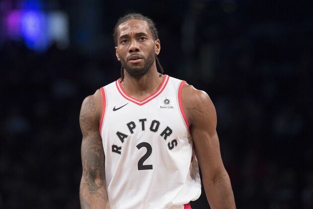 Toronto Raptors forward Kawhi Leonard during a pause in action in the first half of an NBA basketball game after the game, Friday, Dec. 7, 2018, in New York. (AP Photo/Mary Altaffer)