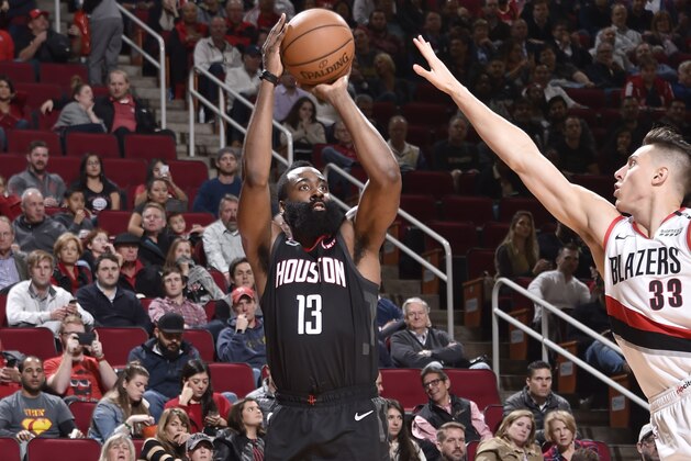 HOUSTON, TX - DECEMBER 11: James Harden #13 of the Houston Rockets shoots the ball against the Portland Trail Blazers on December 11, 2018 at the Toyota Center in Houston, Texas. NOTE TO USER: User expressly acknowledges and agrees that, by downloading and or using this photograph, User is consenting to the terms and conditions of the Getty Images License Agreement. Mandatory Copyright Notice: Copyright 2018 NBAE (Photo by Bill Baptist/NBAE via Getty Images)
