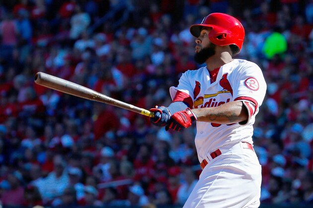 ST. LOUIS, MO - SEPTEMBER 23: Jose Martinez #38 of the St. Louis Cardinals hits a two-RBI double against the San Francisco Giants in the sixth inning at Busch Stadium on September 23, 2018 in St. Louis, Missouri.  (Photo by Dilip Vishwanat/Getty Images)