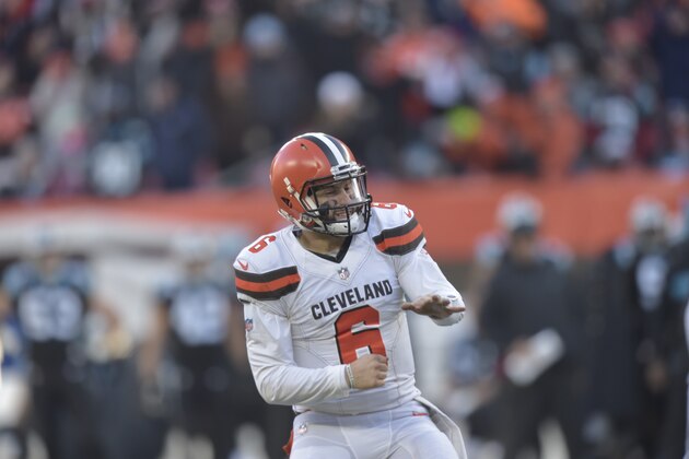 Cleveland Browns quarterback Baker Mayfield (6) in action during an NFL football game against the Carolina Panthers, Sunday, Dec. 9, 2018, in Cleveland. Cleveland won 26-20. (AP Photo/David Richard) Cleveland Browns quarterback Baker Mayfield (6) in action during an NFL football game against the Carolina Panthers, Sunday, Dec. 9, 2018, in Cleveland. Cleveland won 26-20. (AP Photo/David Richard)