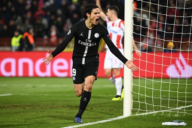 Paris Saint-Germain's Uruguayan forward Edinson Cavani celebrates after scoring a goal during the European Champions League football match Crvena Zvezda Belgrade vs Paris Saint-Germain (PSG) on December 11, 2018 at Rajko-Mitic stadium in Belgarde. (Photo by FRANCK FIFE / AFP)        (Photo credit should read FRANCK FIFE/AFP/Getty Images)