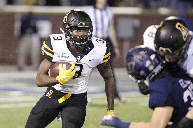 STATESBORO, GA - OCTOBER 25: Darrynton Evans #3 of the Appalachian State Mountaineers moves the ball during the second quarter of their game against the Georgia Southern Eagles on October 25, 2018 in Statesboro, Georgia. (Photo by Chris Thelen/Getty Images)
