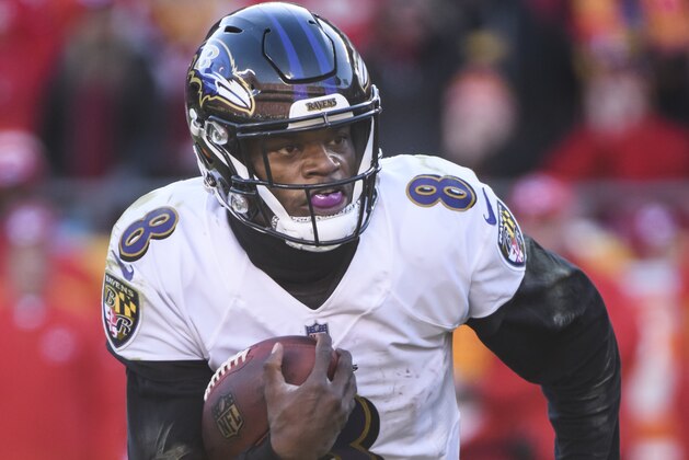 Baltimore Ravens quarterback Lamar Jackson (8) during an NFL football game against the Kansas City Chiefs in Kansas City, Mo., Sunday, Dec. 9, 2018. (AP Photo/Reed Hoffmann)