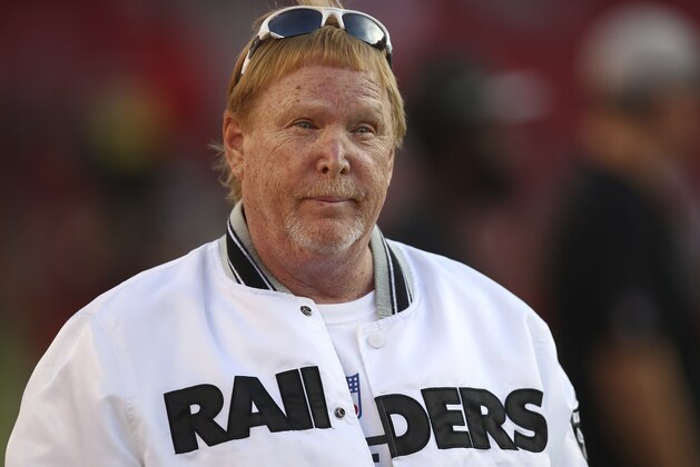 Oakland Raiders owner Mark Davis watches warm ups before an NFL football game against the San Francisco 49ers in Santa Clara, Calif., Thursday, Nov. 1, 2018. (AP Photo/Ben Margot)