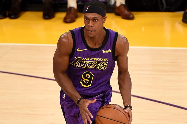 LOS ANGELES, CA - NOVEMBER 14: Rajon Rondo #9 of the Los Angeles Lakers handles the ball against the Portland Trail Blazers on November 14, 2018 at Staples Center in Los Angeles, California. NOTE TO USER: User expressly acknowledges and agrees that, by downloading and/or using this Photograph, user is consenting to the terms and conditions of the Getty Images License Agreement. Mandatory Copyright Notice: Copyright 2018 NBAE (Photo by Adam Pantozzi/NBAE via Getty Images)
