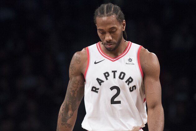 Toronto Raptors forward Kawhi Leonard during a pause in action in the first half of an NBA basketball game after the game, Friday, Dec. 7, 2018, in New York. (AP Photo/Mary Altaffer)