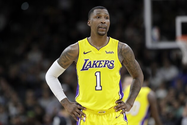 Los Angeles Lakers guard Kentavious Caldwell-Pope (1) waits for play to resume during the second half of an NBA basketball game against the San Antonio Spurs, Saturday, March 3, 2018, in San Antonio. Los Angeles won 116-112.(AP Photo/Eric Gay)