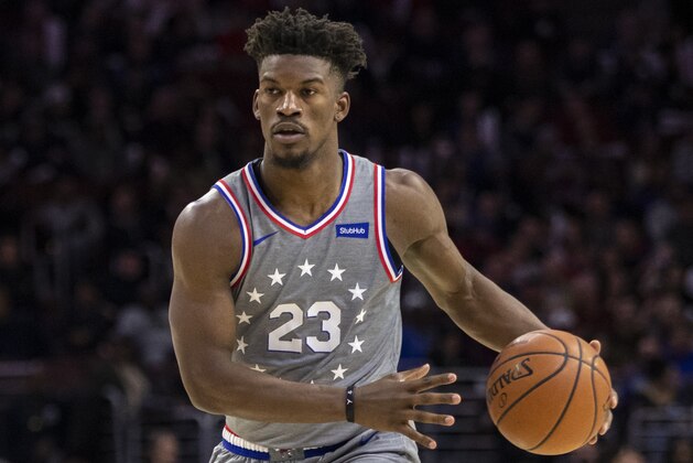 Philadelphia 76ers' Jimmy Butler in action during the second half of an NBA basketball game against the Cleveland Cavaliers, Friday, Nov. 23, 2018, in Philadelphia. The Cavaliers won 121-112. (AP Photo/Chris Szagola)