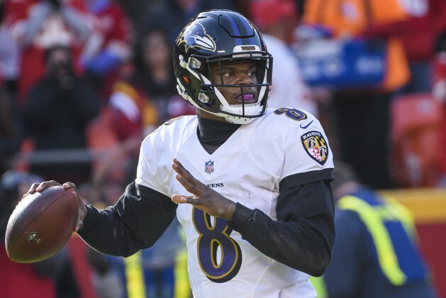 Baltimore Ravens quarterback Lamar Jackson (8) during an NFL football game against the Kansas City Chiefs in Kansas City, Mo., Sunday, Dec. 9, 2018. (AP Photo/Reed Hoffmann)