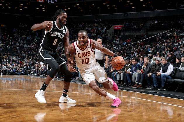 BROOKLYN, NY - DECEMBER 3: Alec Burks #10 of the Cleveland Cavaliers handles the ball against the Brooklyn Nets on December 3, 2018 at the Barclays Center in Brooklyn, New York. NOTE TO USER: User expressly acknowledges and agrees that, by downloading and/or using this photograph, user is consenting to the terms and conditions of the Getty Images License Agreement. Mandatory Copyright Notice: Copyright 2018 NBAE (Photo by Nathaniel S. Butler/NBAE via Getty Images)