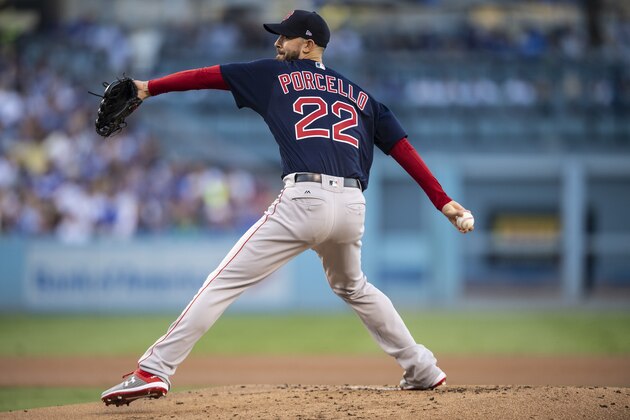 LOS ANGELES, CA - OCTOBER 26: Rick Porcello #22 of the Boston Red Sox delivers during the first inning of game three of the 2018 World Series against the Los Angeles Dodgers on October 26, 2018 at Dodger Stadium in Los Angeles, California. (Photo by Billie Weiss/Boston Red Sox/Getty Images)