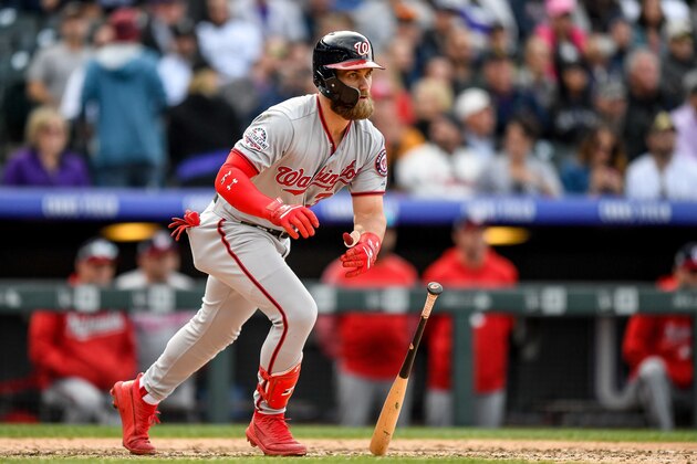 DENVER, CO - SEPTEMBER 30:  Bryce Harper #34 of the Washington Nationals runs out a ninth inning double against the Colorado Rockies at Coors Field on September 30, 2018 in Denver, Colorado.  (Photo by Dustin Bradford/Getty Images)