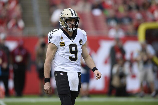 New Orleans Saints quarterback Drew Brees (9) during the first half of an NFL football game against the Tampa Bay Buccaneers Sunday, Dec. 9, 2018, in Tampa, Fla. (AP Photo/Jason Behnken)