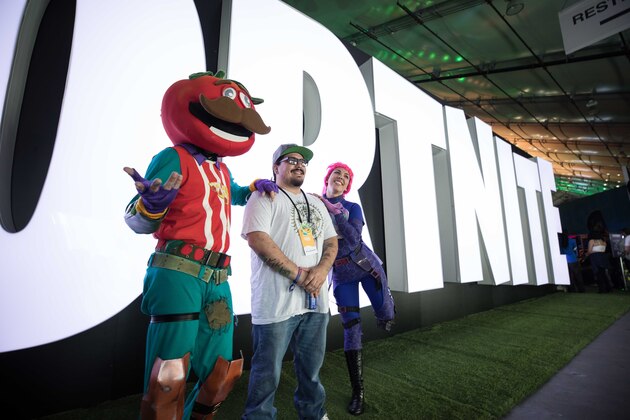 SAN JOSE, CA - OCTOBER 26, 2018: Fortnite characters posing in front of welcome sign at TwitchCon, San Jose Convention Center on October 26, 2018 in San Jose, California. (Photo by Hannah Smith / ESPAT Media / Getty Images)