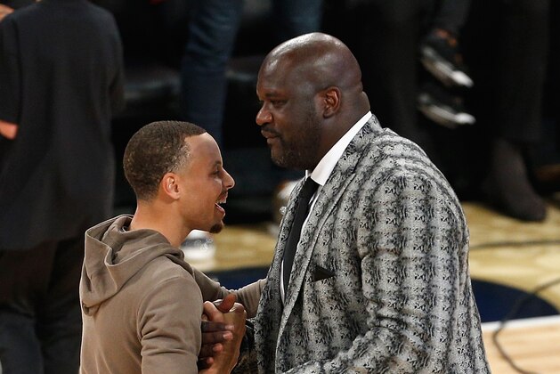 NEW ORLEANS, LA - FEBRUARY 18:  Stephen Curry #30 of the Golden State Warriors greets Shaquille O'Neal after the 2017 JBL Three-Point Contest at Smoothie King Center on February 18, 2017 in New Orleans, Louisiana. NOTE TO USER: User expressly acknowledges and agrees that, by downloading and/or using this photograph, user is consenting to the terms and conditions of the Getty Images License Agreement.  (Photo by Jonathan Bachman/Getty Images)