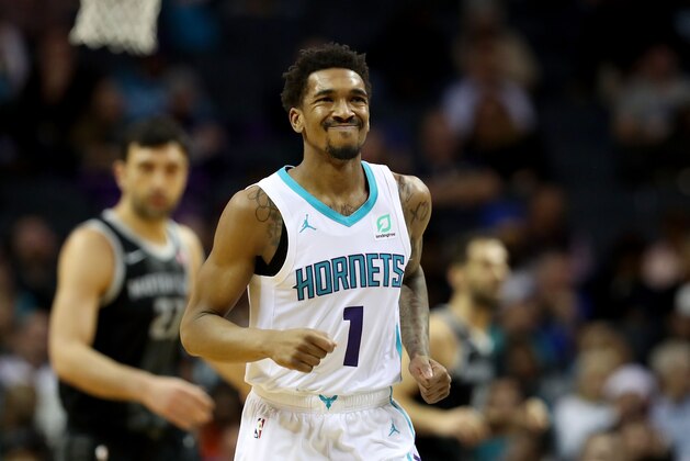 CHARLOTTE, NC - DECEMBER 12:  Malik Monk #1 of the Charlotte Hornets reacts against the Detroit Pistons during their game at Spectrum Center on December 12, 2018 in Charlotte, North Carolina.  NOTE TO USER: User expressly acknowledges and agrees that, by downloading and or using this photograph, User is consenting to the terms and conditions of the Getty Images License Agreement.  (Photo by Streeter Lecka/Getty Images)