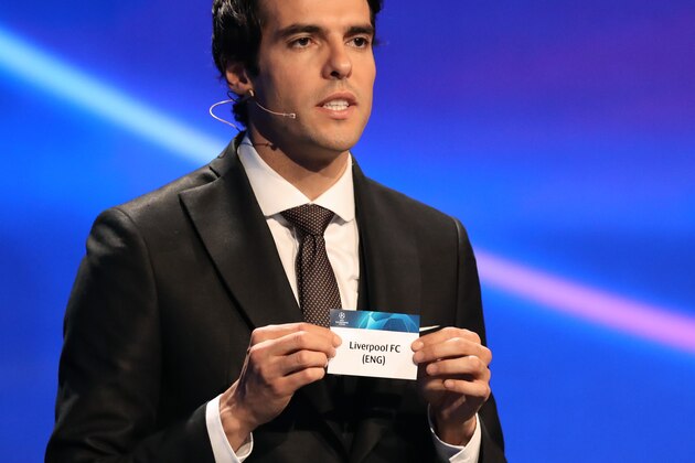 Brazilian former football player Kaka shows the name of Liverpool during the draw for UEFA Champions League football tournament at The Grimaldi Forum in Monaco on August 30, 2018. (Photo by Valery HACHE / AFP)        (Photo credit should read VALERY HACHE/AFP/Getty Images)