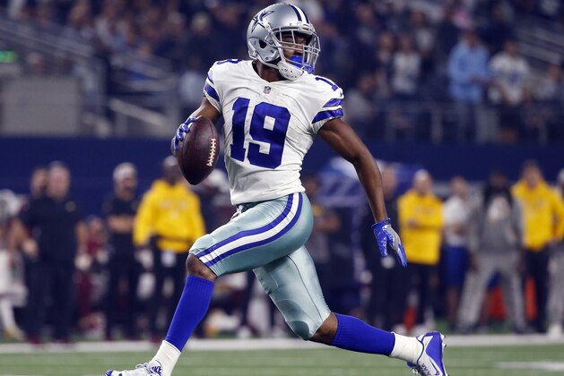 FILE - In this Thursday, Nov. 22, 2018, file photo, Dallas Cowboys wide receiver Amari Cooper (19) looks back as he runs in for a touchdown during the second half of an NFL football game against the Washington Redskins in Arlington, Texas. Cooper has caught 16 of 17 targets in the past two weeks and will have a great opportunity to continue his pace against an Eagles pass defense that is 30th in fantasy points allowed to opposing receivers. (AP Photo/Ron Jenkins, File)