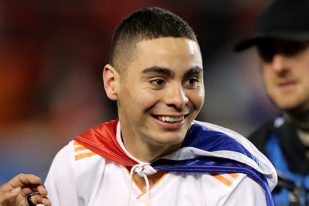 HARRISON, NEW JERSEY - NOVEMBER 29: Miguel Almiron #10 of Atlanta United FC celebrates the win after the Eastern Conference Finals Leg 2 match against the New York Red Bulls at Red Bull Arena on November 29, 2018 in Harrison, New Jersey. (Photo by Elsa/Getty Images) HARRISON, NEW JERSEY - NOVEMBER 29: Miguel Almiron #10 of Atlanta United FC celebrates the win after the Eastern Conference Finals Leg 2 match against the New York Red Bulls at Red Bull Arena on November 29, 2018 in Harrison, New Jersey. (Photo by Elsa/Getty Images)