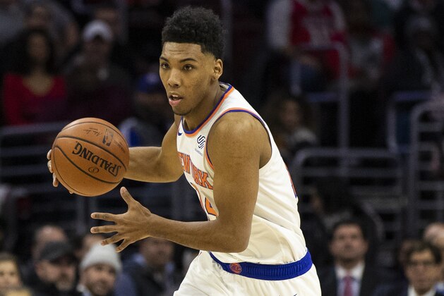 New York Knicks' Allonzo Trier in action during the first half of an NBA basketball game against the Philadelphia 76ers, Wednesday, Nov. 28, 2018, in Philadelphia. The 76ers won 117-91. (AP Photo/Chris Szagola)