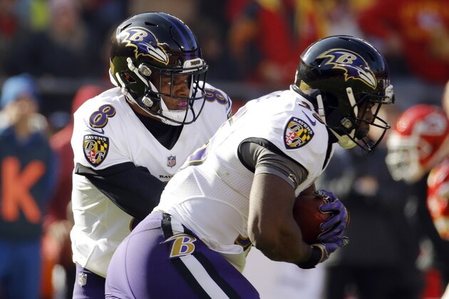 Baltimore Ravens quarterback Lamar Jackson (8) hands off the ball to running back Gus Edwards (35) during the first half of an NFL football game against the Kansas City Chiefs in Kansas City, Mo., Sunday, Dec. 9, 2018. (AP Photo/Charlie Riedel)