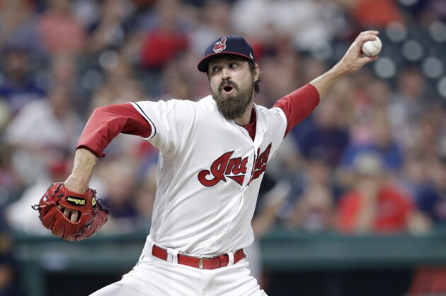 Cleveland Indians relief pitcher Andrew Miller delivers in the ninth inning of a baseball game against the Chicago White Sox, Tuesday, Sept. 18, 2018, in Cleveland. (AP Photo/Tony Dejak)