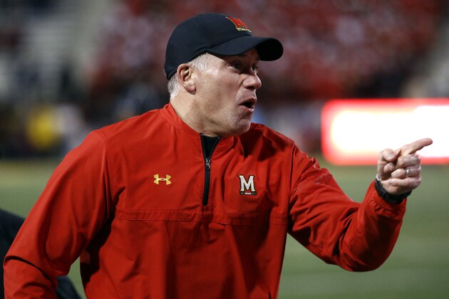 Maryland head coach DJ Durkin yells at an official in the second half of an NCAA college football game against Michigan in College Park, Md., Saturday, Nov. 11, 2017. (AP Photo/Patrick Semansky)