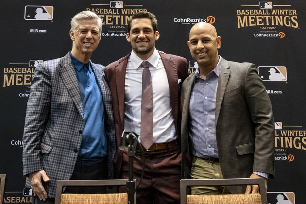 LAS VEGAS, NV - DECEMBER 10: President of Baseball Operations Dave Dombrowski, Nathan Eovaldi #17 of the Boston Red Sox and manager Alex Cora of the Boston Red Sox pose for a photograph during a press conference announcing Eovaldi's contract extension at the 2018 Winter Meetings on December 10, 2018 in Las Vegas, Nevada. (Photo by Billie Weiss/Boston Red Sox/Getty Images)