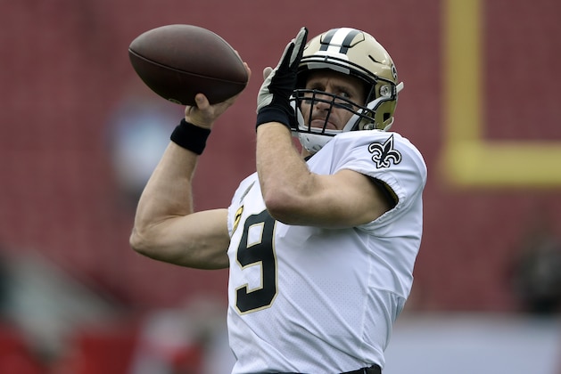 New Orleans Saints quarterback Drew Brees (9) throws a pass before an NFL football game against the Tampa Bay Buccaneers Sunday, Dec. 9, 2018, in Tampa, Fla. (AP Photo/Jason Behnken)