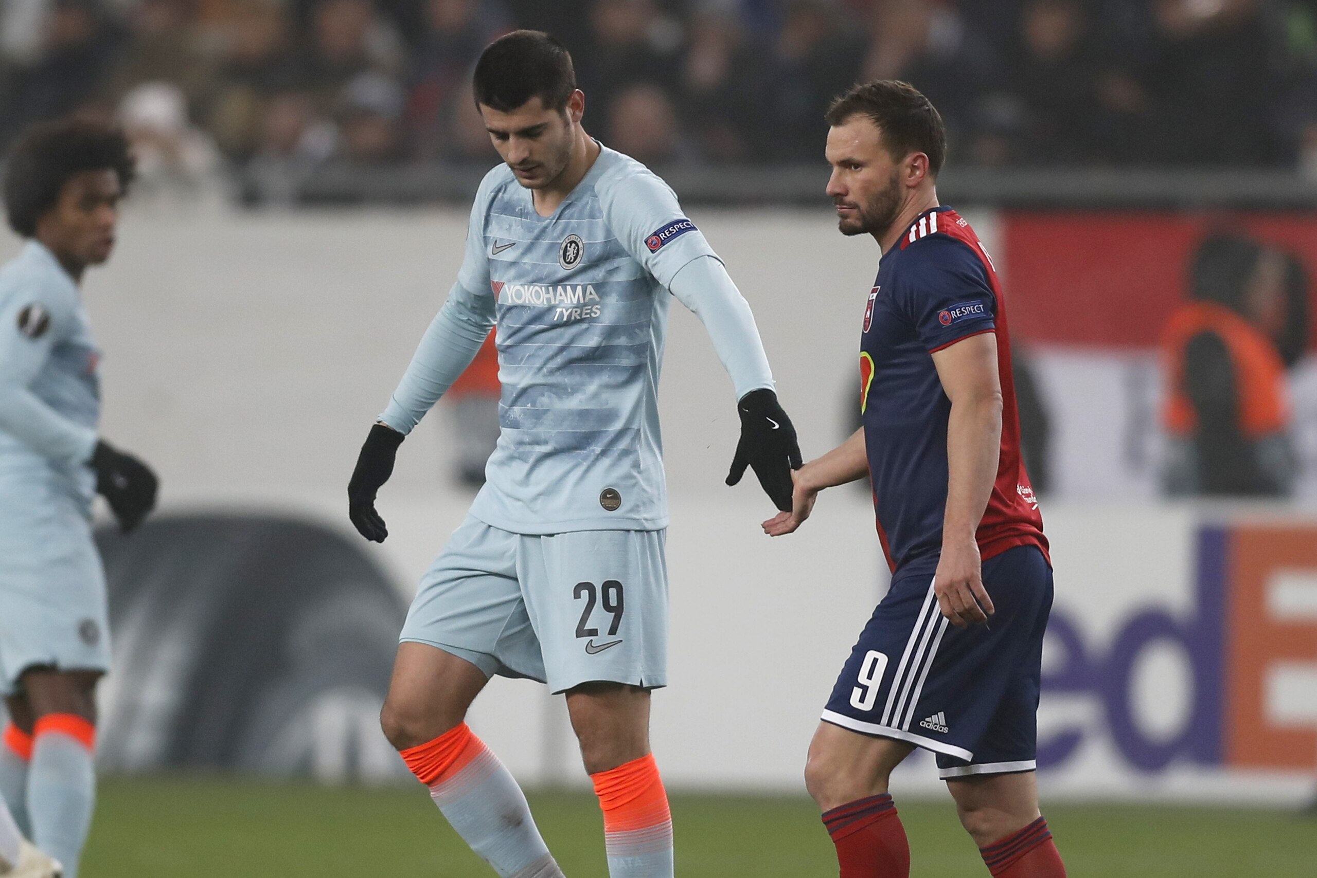 BUDAPEST, HUNGARY - DECEMBER 13: (l-r) Alvaro Morata of Chelsea FC reacts next to Szabolcs Huszti of Vidi FC during the UEFA Europa League Group Stage Match between Vidi FC and Chelsea FC at Ferencvaros Stadium on December 13, 2018 in Budapest, Hungary. (Photo by Laszlo Szirtesi/Getty Images)