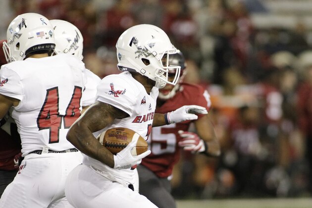 Eastern Washington quarterback Eric Barriere runs with the ball during the second half of an NCAA college football game against Washington State in Pullman, Wash., Saturday, Sept. 15, 2018. (AP Photo/Young Kwak)