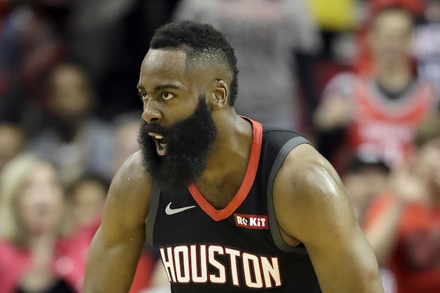 Houston Rockets' James Harden (13) reacts after dunking the ball against the Los Angeles Lakers during the first half of an NBA basketball game Thursday, Dec. 13, 2018, in Houston. (AP Photo/David J. Phillip) Houston Rockets' James Harden (13) reacts after dunking the ball against the Los Angeles Lakers during the first half of an NBA basketball game Thursday, Dec. 13, 2018, in Houston. (AP Photo/David J. Phillip)