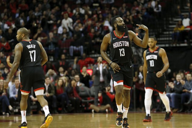 HOUSTON, TX - DECEMBER 11:  James Harden #13 of the Houston Rockets reacts after a three point shot in the first half against the Portland Trail Blazers at Toyota Center on December 11, 2018 in Houston, Texas.  NOTE TO USER: User expressly acknowledges and agrees that, by downloading and or using this photograph, User is consenting to the terms and conditions of the Getty Images License Agreement.  (Photo by Tim Warner/Getty Images)