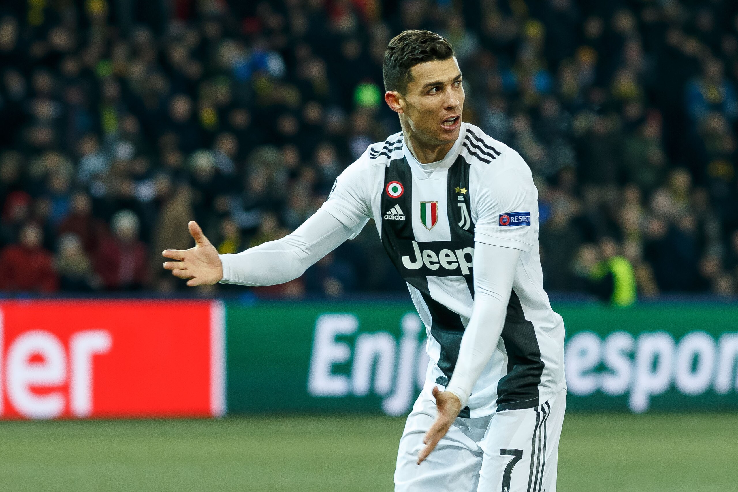 BERN, SWITZERLAND - DECEMBER 12: Cristiano Ronaldo of Juventus gestures during the UEFA Champions League Group H match between BSC Young Boys and Juventus at Stade de Suisse, Wankdorf on December 12, 2018 in Bern, Switzerland. (Photo by TF-Images/TF-Images via Getty Images)