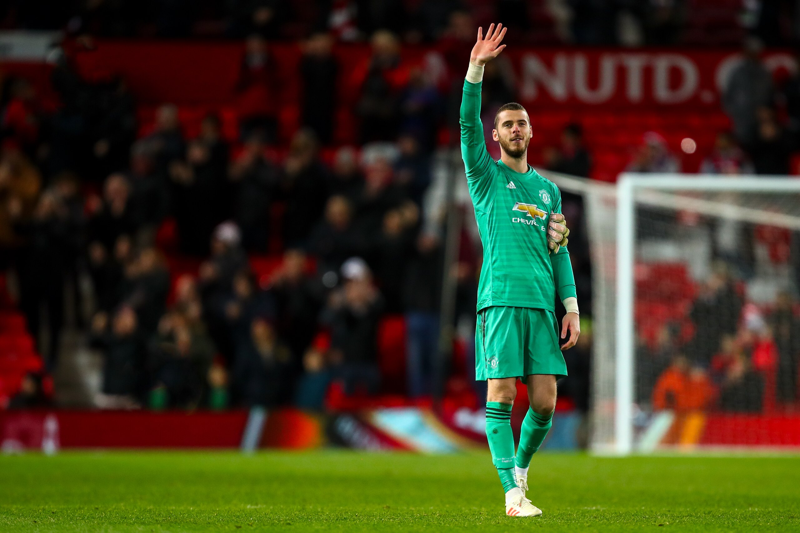 MANCHESTER, ENGLAND - DECEMBER 08: David de Gea of Manchester United reacts at full time during the Premier League match between Manchester United and Fulham FC at Old Trafford on December 8, 2018 in Manchester, United Kingdom. (Photo by Robbie Jay Barratt - AMA/Getty Images)