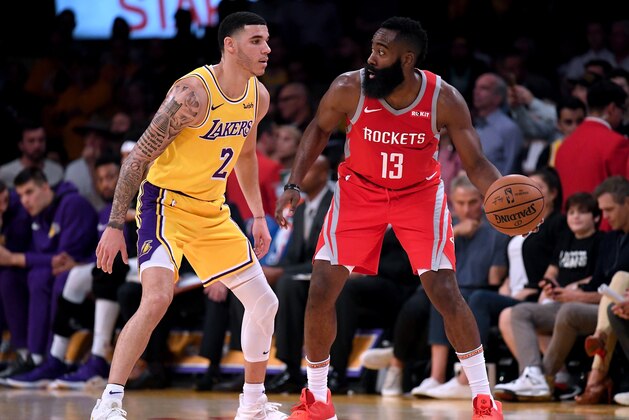 LOS ANGELES, CA - OCTOBER 20:  James Harden #13 of the Houston Rockets dribbles in front of Lonzo Ball #2 of the Los Angeles Lakers during a 124-115 Rockets win at Staples Center on October 20, 2018 in Los Angeles, California.  (Photo by Harry How/Getty Images)