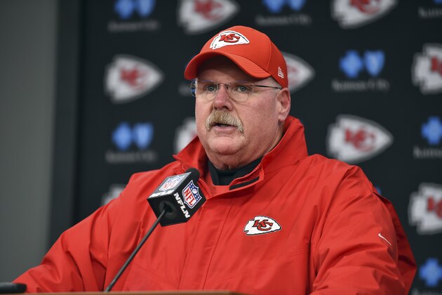 Kansas City Chiefs head coach Andy Reid talks during a news conference following an NFL football game between the Los Angeles Chargers and the Kansas City Chiefs in Kansas City, Mo., Thursday, Dec. 13, 2018. The Los Angeles Chargers won 29-28. (AP Photo/Ed Zurga)