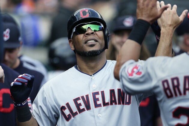 DETROIT, MI - JULY 29:  Edwin Encarnacion #10 of the Cleveland Indians celebrates after hitting a solo home run against the Detroit Tigers during the seventh inning at Comerica Park on July 29, 2018 in Detroit, Michigan. The Indians defeated the Tigers 8-1. (Photo by Duane Burleson/Getty Images)