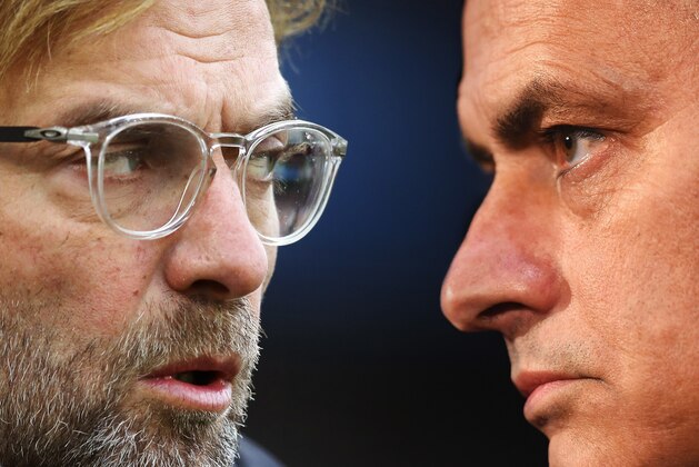 FILE PHOTO (EDITORS NOTE: COMPOSITE OF IMAGES - Image numbers 884421016,1065476010- GRADIENT ADDED) In this composite image a comparison has been made between Jurgen Klopp, Manager of Liverpool (L) and Jose Mourinho, manager of Manchester United.  Liverpool and Manchester United meet in a Premier League  match on December 16, 2018 at Anfield in Liverpool,England. ***LEFT IMAGE*** BRIGHTON, ENGLAND - DECEMBER 02: Jurgen Klopp, Manager of Liverpool looks on prior to the Premier League match between Brighton and Hove Albion and Liverpool at Amex Stadium on December 2, 2017 in Brighton, England. (Photo by Dan Istitene/Getty Images) ***RIGHT IMAGE*** MANCHESTER, ENGLAND - NOVEMBER 26: Jose Mourinho, manager of Manchester United looks on during a press conference at Old Trafford on November 26, 2018 in Manchester, England. (Photo by Nathan Stirk/Getty Images)
