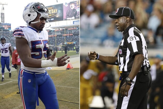 FILE - At left, in a Jan. 7, 2018, file photo, Buffalo Bills defensive end Jerry Hughes (55) leaves the field after an NFL wild-card playoff football game against the Jacksonville Jaguars, in Jacksonville, Fla. At right, in a Nov. 19, 2015, file photo, umpire Roy Ellison (81) gestures during the third quarter of an NFL football game between the Jacksonville Jaguars and Tennessee Titans, in Jacksonville, Fla. The NFL Referees Association is questioning why the league isn't focusing more attention on Bills defensive end Jerry Hughes for threatening umpire Roy Ellison following Buffalo's game at Miami last weekend. Ellison has been placed on administrative leave while the NFL investigates Hughes' accusation that Ellison called him a vulgar name during the game. In a statement released Wednesday, Dec. 5, 2018, NFLRA executive director Scott Green says the association expects the NFL's investigation to clear Ellison while turning the focus on Hughes. (AP Photo/File)
