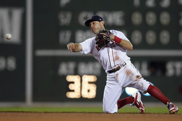 Boston Red Sox's Ian Kinsler throws to first base on the ground out by Cleveland Indians' Yandy Diaz during the fifth inning of a baseball game in Boston, Tuesday, Aug. 21, 2018. (AP Photo/Michael Dwyer)